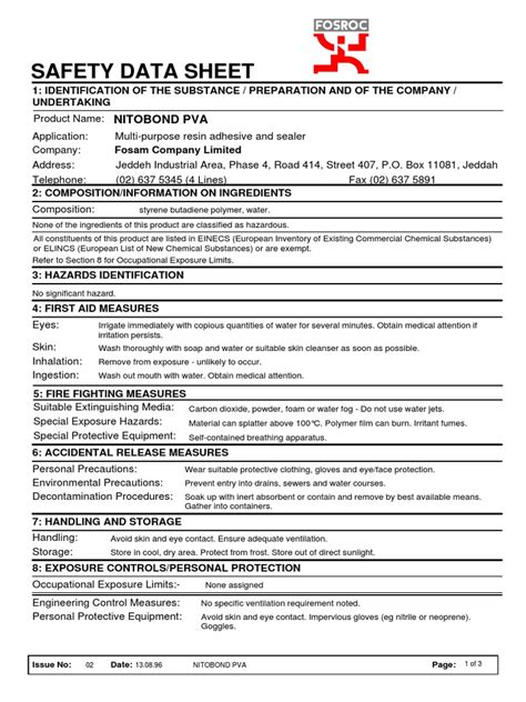 Safety Data Sheet Nitobond Pva Pdf Safety Occupational Safety And Health