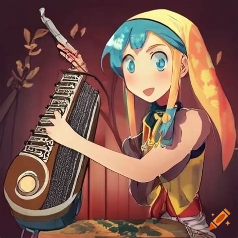 Anime Bard Playing Zither At Camp On Craiyon