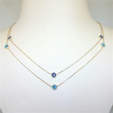 K Real Solid Gold Trio Evil Eye Necklace For Women