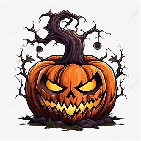 Halloween Pumpkin Cartoon At Tree Design, Holiday And Scary Theme ...