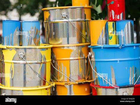 The Used Paint Cans Colorful Paint Buckets Stock Photo Alamy