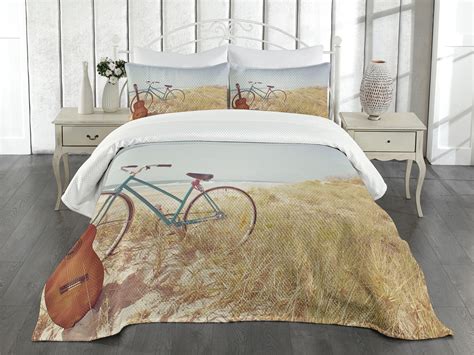 Ambesonne Blue Quilted Bedspread Set 3 Pcs Old Vintage Guitar Beach