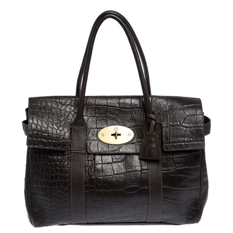 Mulberry Dark Brown Croc Embossed Leather Bayswater Satchel Mulberry