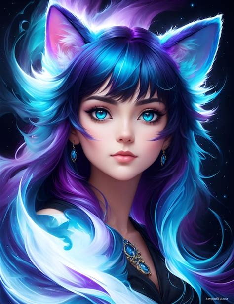 Anime girl with blue hair and a cat ears wallpaper | Premium AI ...