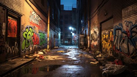 Dark Alleyway with Walls Covered in Graffiti Art Stock Image - Image of ...