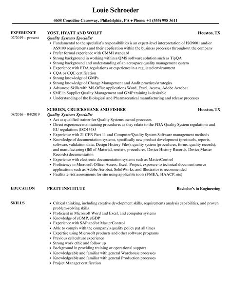 Quality Systems Specialist Resume Samples Velvet Jobs