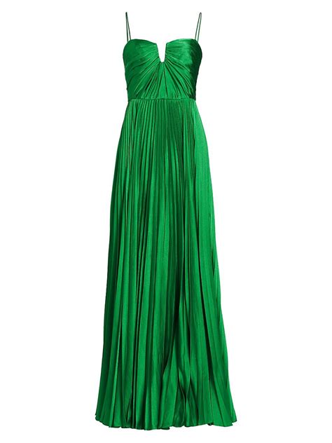 Monique Lhuillier Hammered Satin Charmeuse Pleated Gown In Clover Green