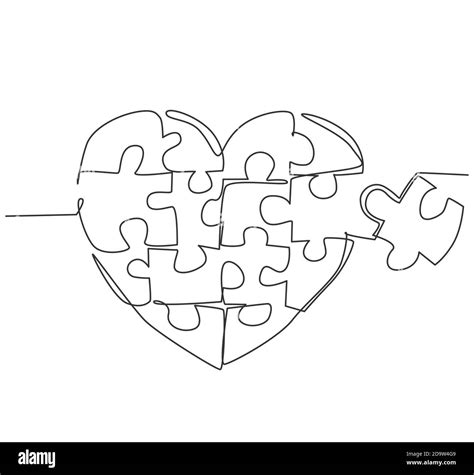 Single continuous line drawing of set puzzle pieces put it together to ...