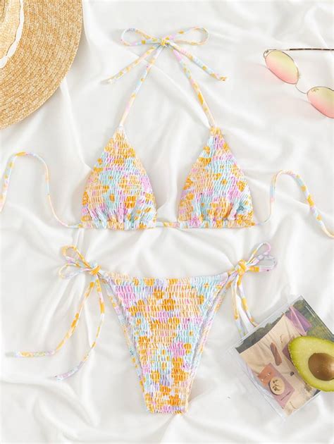 Shein Swim Mod Summer Beach Random Floral Print Bikini Set Smocked