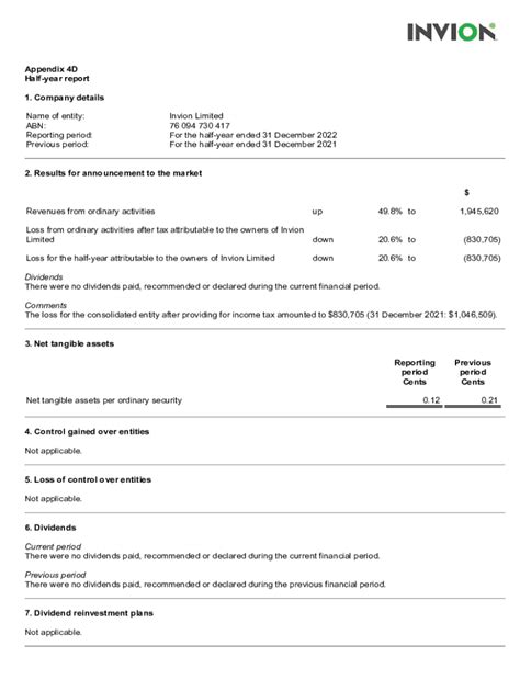 Fillable Online Appendix 4d And Half Year Financial Report Invion