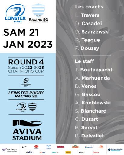 Leinster Rugby V Racing 92 La Compo Des Ciel Et Blanc