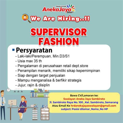 Lowongan Kerja Supervisor Fashion Kepala Gudang Teknisi Sipil