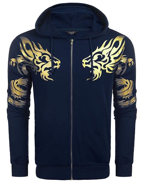 Mens Dragon Graphic Full Zip Hoodie Lightweight Sport Sweatshirt Blue