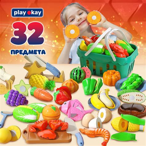 Фрукты и овощи на липучке Play Okay, 32 предмета, игрушечные продукты с ...