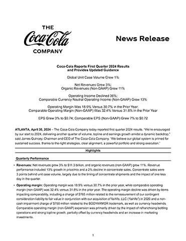 Coca Cola Reports First Quarter 2024 Results And Provides Updated Guidance