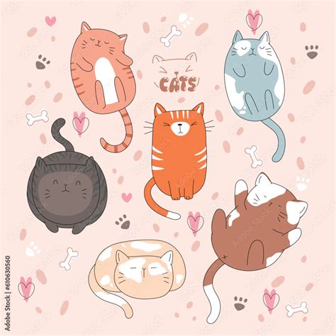 Cute And Funny Cats Doodle Vector Set Cartoon Cat Or Kitten Characters