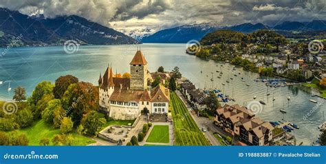 Panorama Of Spiez On Lake Thun In Switzerland. Editorial Photo ...