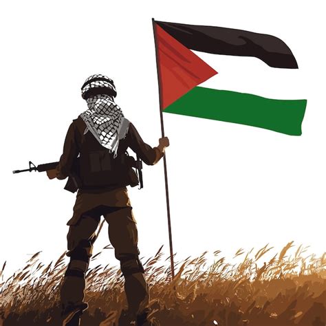 Um Soldado Militar Est De P Uma Bandeira Da Palestina Em Sua M O