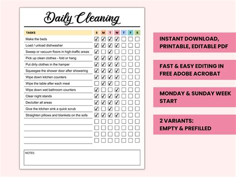 Editable Daily Cleaning Planner Printable Weekly Cleaning Schedule Daily Cleaning List Daily