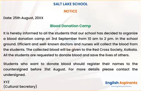 Blood Donation Camp Notice Writing Format Examples