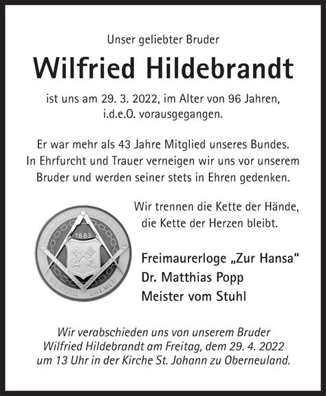 Traueranzeigen Von Wilfried Hildebrandt Trauer Gedenken