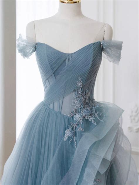 Gray Blue A-Line Lace Long Prom Dress, Gray Blue Formal Evening Dress ...