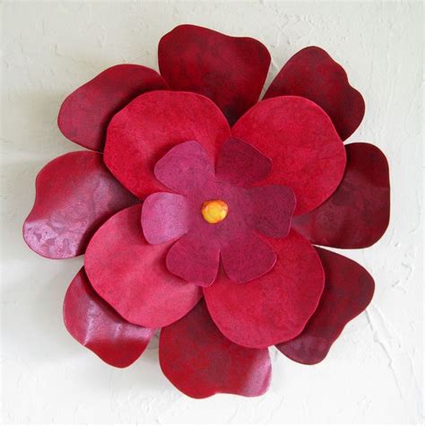 Custom Handmade Upcycled Metal Hibiscus Flower Wall Art In Dark Red And