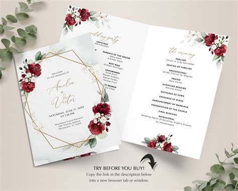 Bi Fold Wedding Program Template With Burgundy Roses Wedding Etsy Uk