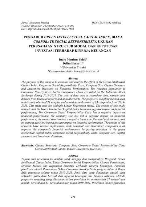 PDF PENGARUH GREEN INTELLECTUAL CAPITAL INDEX BIAYA CORPORATE SOCIAL