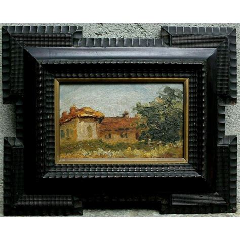 Antico Quadro Dipinto Olio Tavola Paesaggio Campagna Cascina Casale