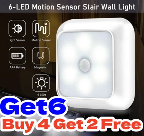 6LED Wireless Night Light Motion Sensor Lights PIR Battery Cabinet