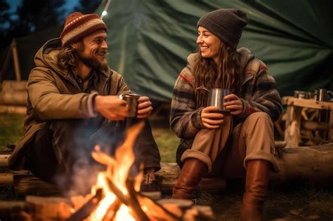 Una pareja se sienta junto a una fogata y bebe café Foto Premium