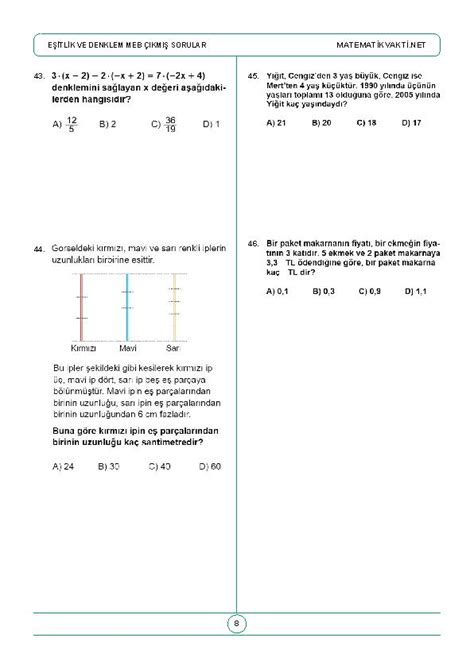 S N F E Itlik Ve Denklem Meb Km Sorular Matematik Vakti