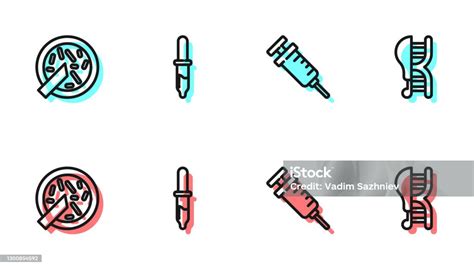 세트 라인 주사기 박테리아 파이펫 유전자 변형 치킨 아이콘이 있는 페트리 접시 벡터 0명에 대한 스톡 벡터 아트 및 기타 이미지