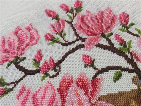 Embroidery Of Pink Flowers Cross Stitch And Beads Without Etsy