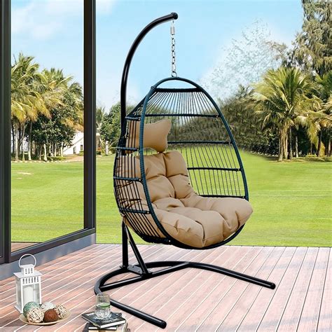 Patio Wicker Hanging Chair With Stand And Gray Cushion Heavy Duty