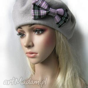 modne czapki handmade szary beret z kokardą ღ art Madam pl