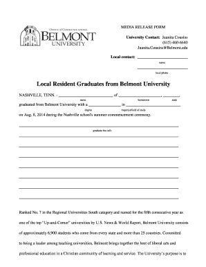 Fillable Online Belmont MEDIA RELEASE FORM University Contact Juanita