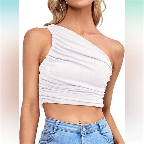 Tops Sexy Ruched White One Shoulder Sleeveless Crop Top Strappy Cami