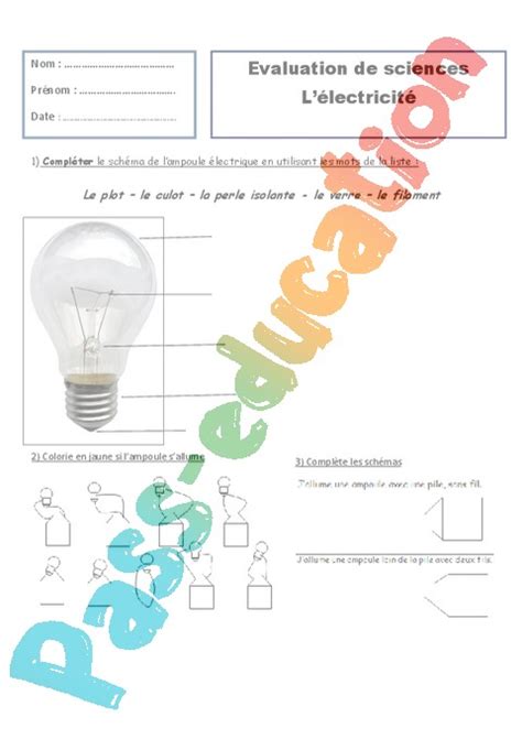 Evaluation Lélectricité CE1 Bilan et controle corrigé pdf à imprimer