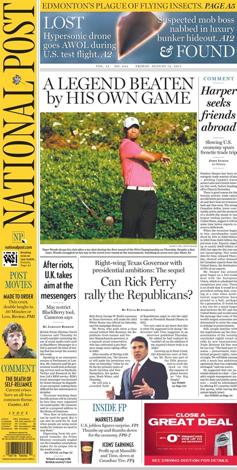 National Post front page for Aug. 12, 2011 | National Post