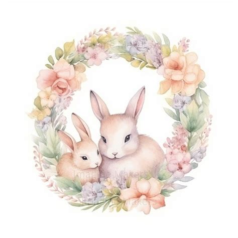 Bunnies With Flower Wreaths Clipart High Quality Pngs Etsy