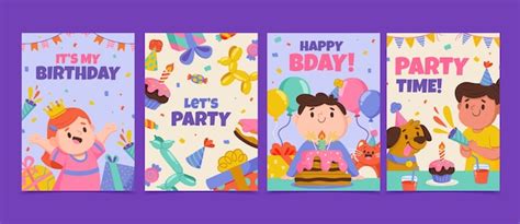 Tarjetas de celebración de cumpleaños en diseño plano Vector Premium