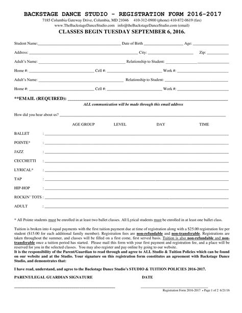 Free Dance Registration Forms In Pdf Pdf Ms Word Excel