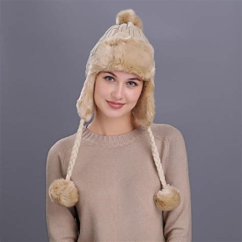 Warm Women Winter Hat With Ear Flaps Snow Ski Thick Knit Wool Beanie