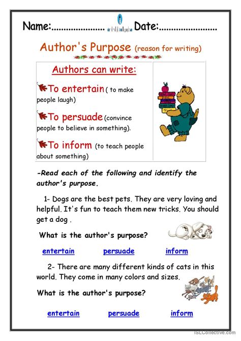 Authors Purpose English Esl Worksheets Pdf And Doc