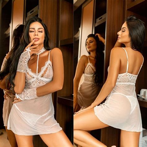 Camisola Sem Bojo Em Tule E Renda Acompanha Calcinha E Luva BRANCA Segredo Sex Shop Amor