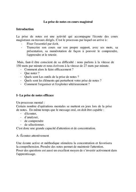 Prise De Notes Prise De Notes La Prise De Notes En Cours Magistral