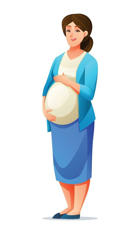 Happy Pregnant Woman Holding Her Belly Vector Cartoon Illustration Isolated On White Background