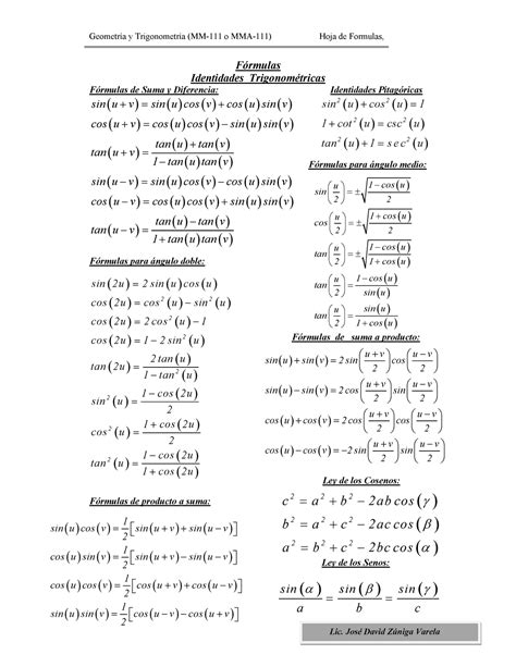 Formulas MM 111 Geometría y Trigonometría MM 111 o MMA 111 Hoja de